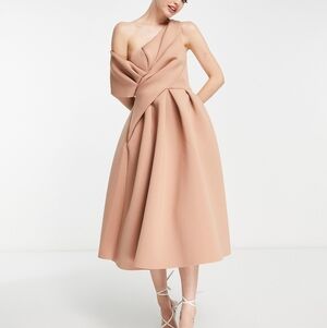 Elegant ASOS DESIGN Origami Off-Shoulder Dress In Camel
